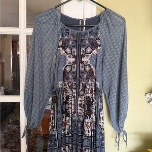 Free People Blue Printed Long-Sleeve Boho Dress